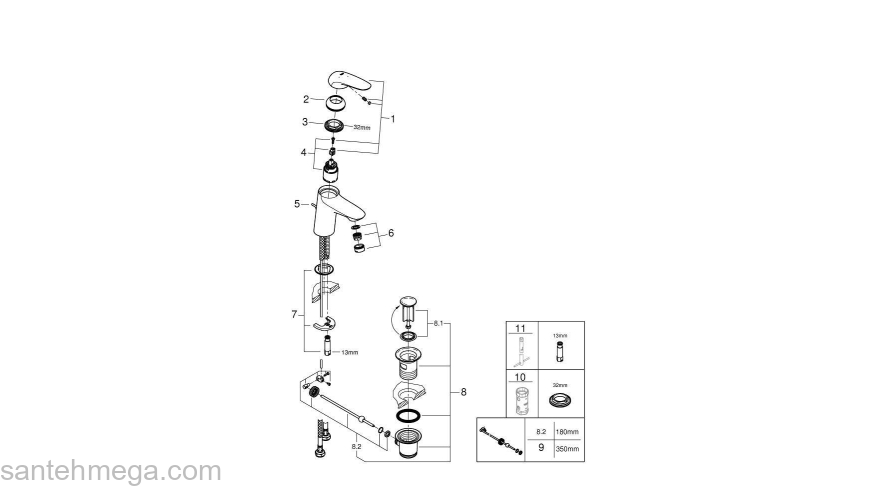 Eurostyle 2015 Solid Смеситель для раковины со сливным гарнитуром, S-Size, с GROHE 23709003 SilkMove® ES с энергосберегающей функцией (подача холодной воды при центральном положении рычага). Фото