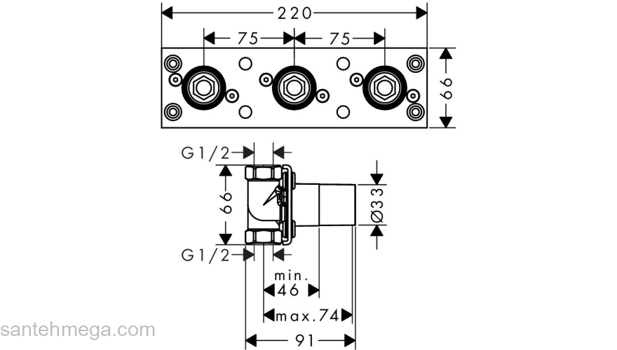 Скрытая часть термостата Hansgrohe ShowerTablet 600 13129180 для 2 потребителей. Фото