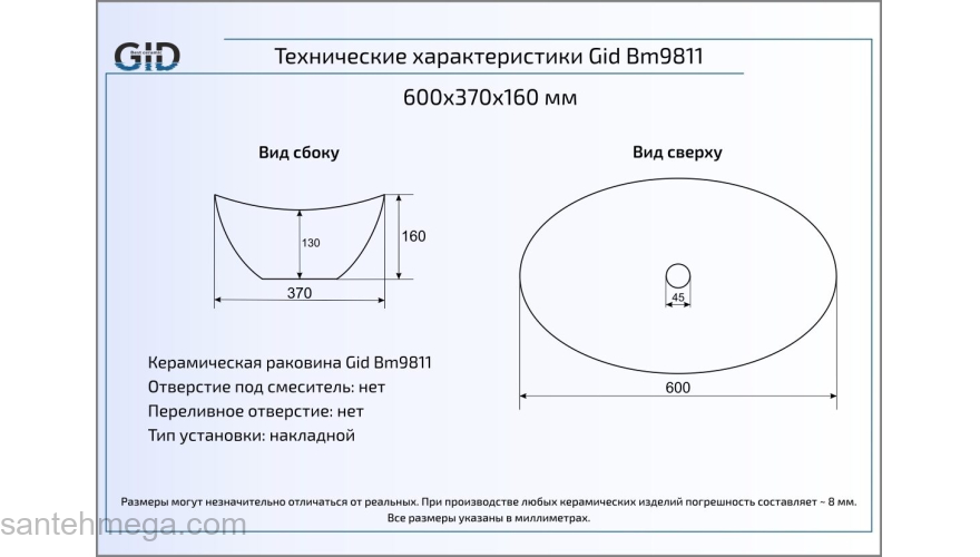 Раковина накладная GID Bm9811 64х37 53337 Черный Матовый. Фото