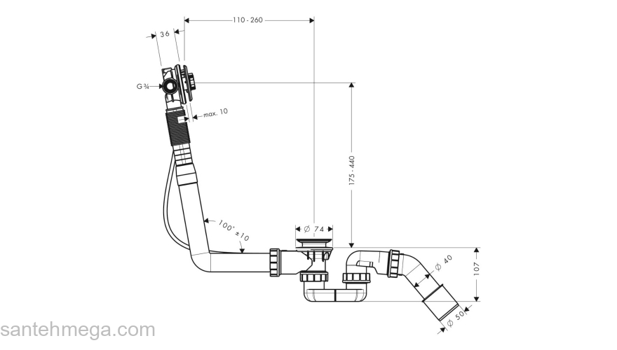 Скрытая часть излива Hansgrohe Exafill S на ванну с набором для слива и перелива для стандартных ванн 58115180. Фото