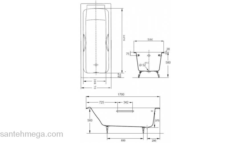 Ванна чугунная с отверстиями для ручек JACOB DELAFON Parallel 150х70 E2949-00. Фото
