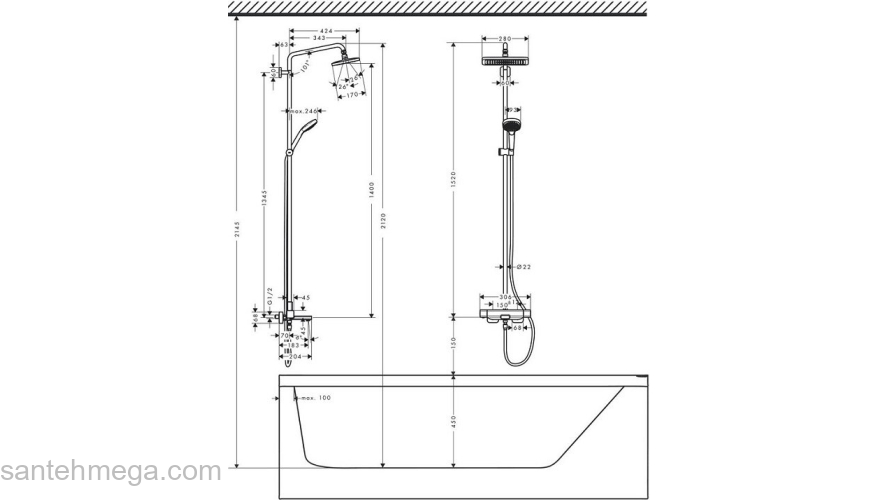 Душевая стойка Hansgrohe Showerpipe 280 1jet с термотатом для ванны 27687000. Фото