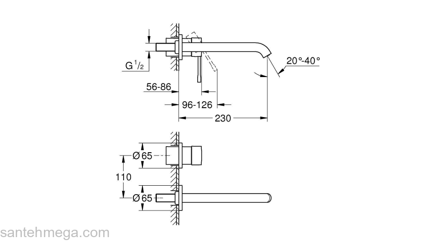 GROHE 19967DA1 Essence+ Смеситель для раковины на 2 отверстия, вынос 201 мм, настенный монтаж. Фото