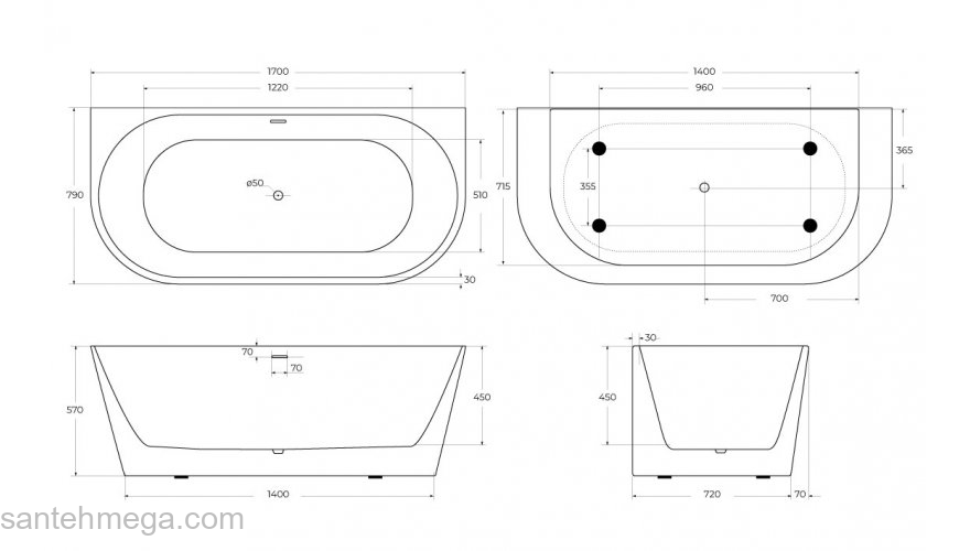 Ванна акриловая пристенная BELBAGNO BB710-1700-800. Фото
