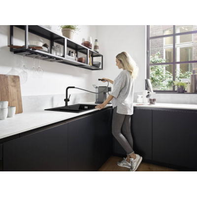 Кухонный смеситель однорычажный, 270, с вытяжным изливом, 1jet, sBox Hansgrohe 72809670, матовый черный. Фото