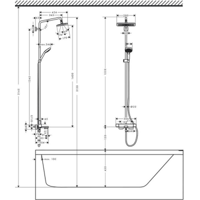 Душевая стойка Hansgrohe Showerpipe 280 1jet с термотатом для ванны 27687000. Фото