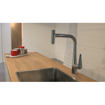 Кухонный смеситель однорычажный, 220, с вытяжным изливом, 1jet Hansgrohe 72822000, хром. Фото