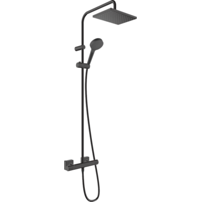 Душевая система Showerpipe 230 1jet с термостатом, EcoSmart Hansgrohe Vernis Shape 26097670, матовый черный. Фото